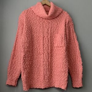 Vintage Pink Funnel Neck Sweater Size Large Boucle Knit 80s Cottagecore Feminine